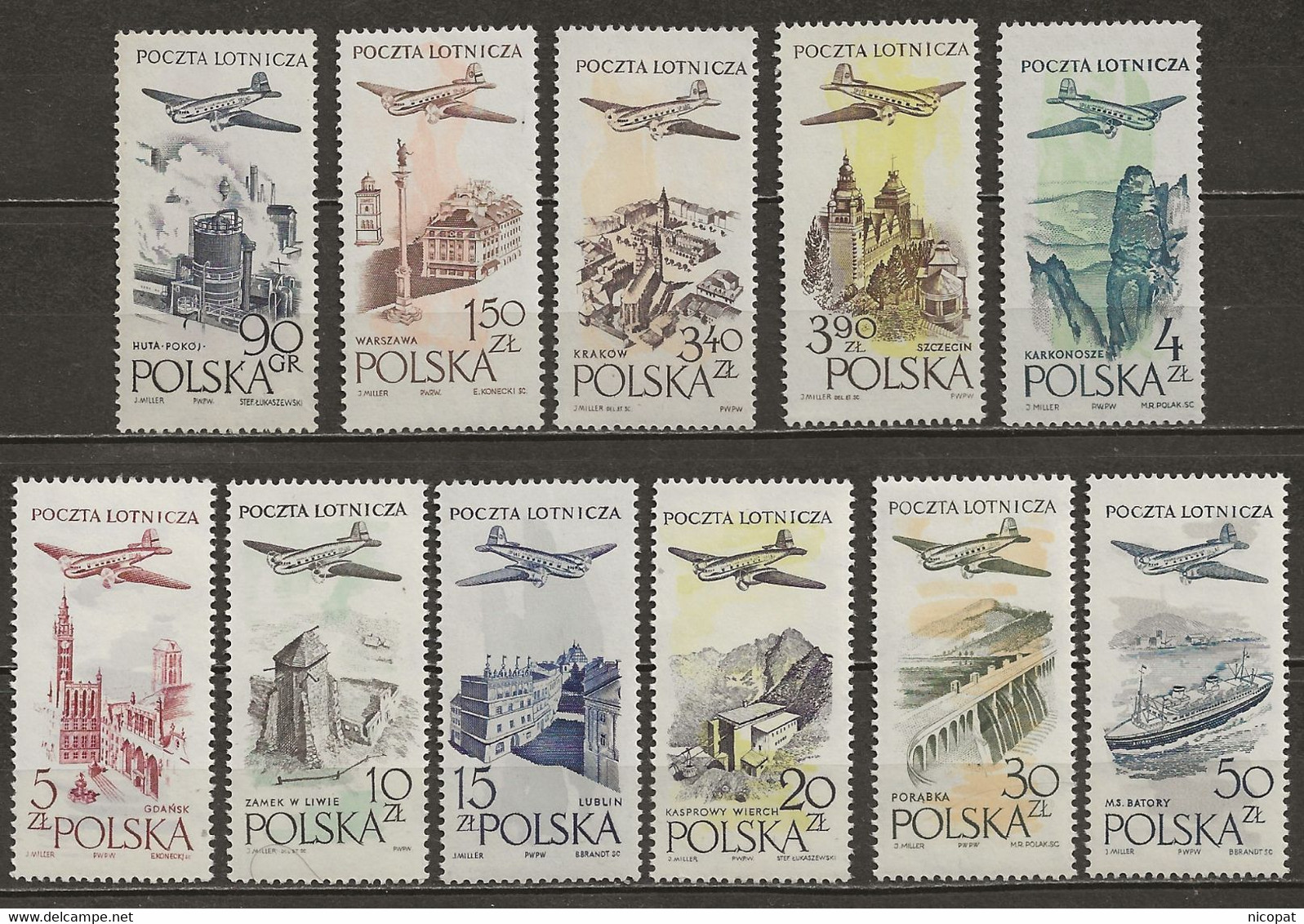 POLAND MNH ** PA 41-51 Avion Aviation Plane Pokoj Varsovie Craacovie Szszecin Gdansk Liwa Lublin Porobka - Ungebraucht