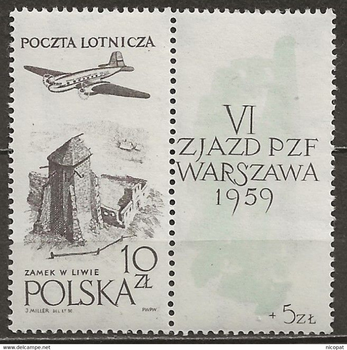 POLAND MNH ** PA 52 Avec Vignette Anniversaire De La Philatélie Polonaise Avion Aviation - Neufs