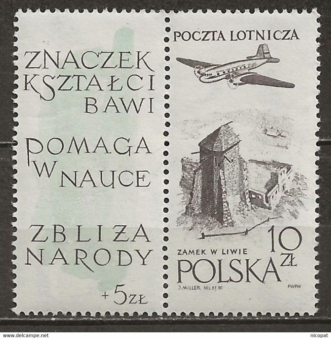 POLAND MNH ** PA 53 Avec Vignette Anniversaire De La Philatélie Polonaise Avion Aviation - Unused Stamps
