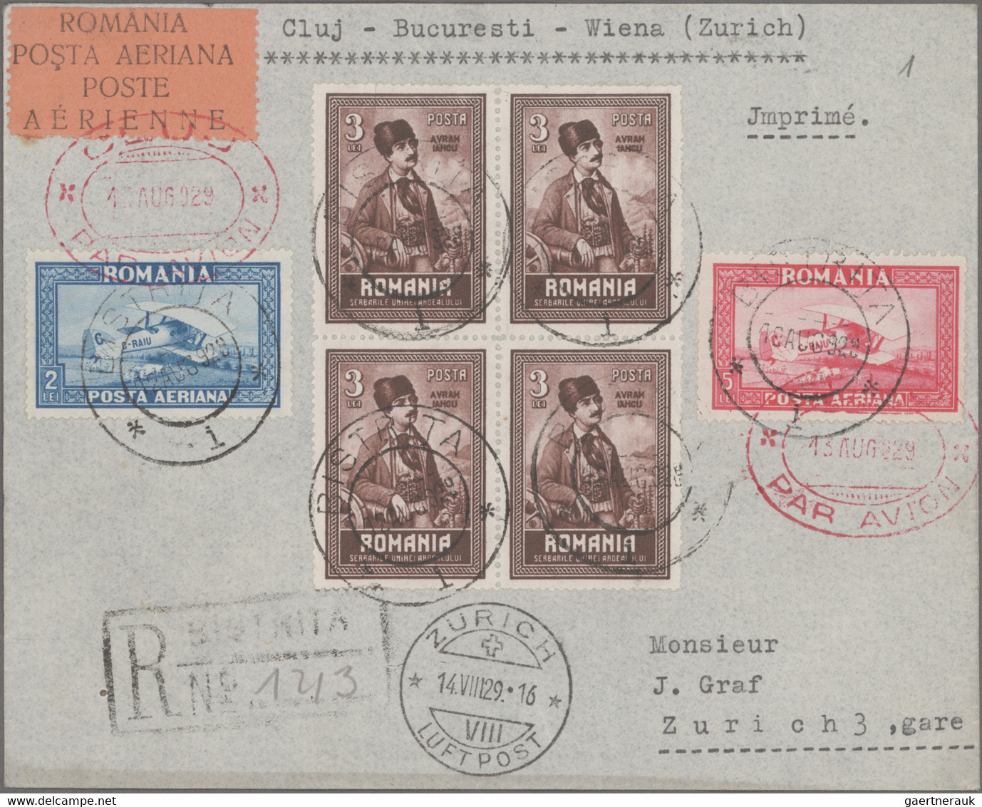 Romania: 1929, Airmail Cluj-Bucuresti-Vienna-Zurich, Lot Of Seven Registered Air - Covers & Documents