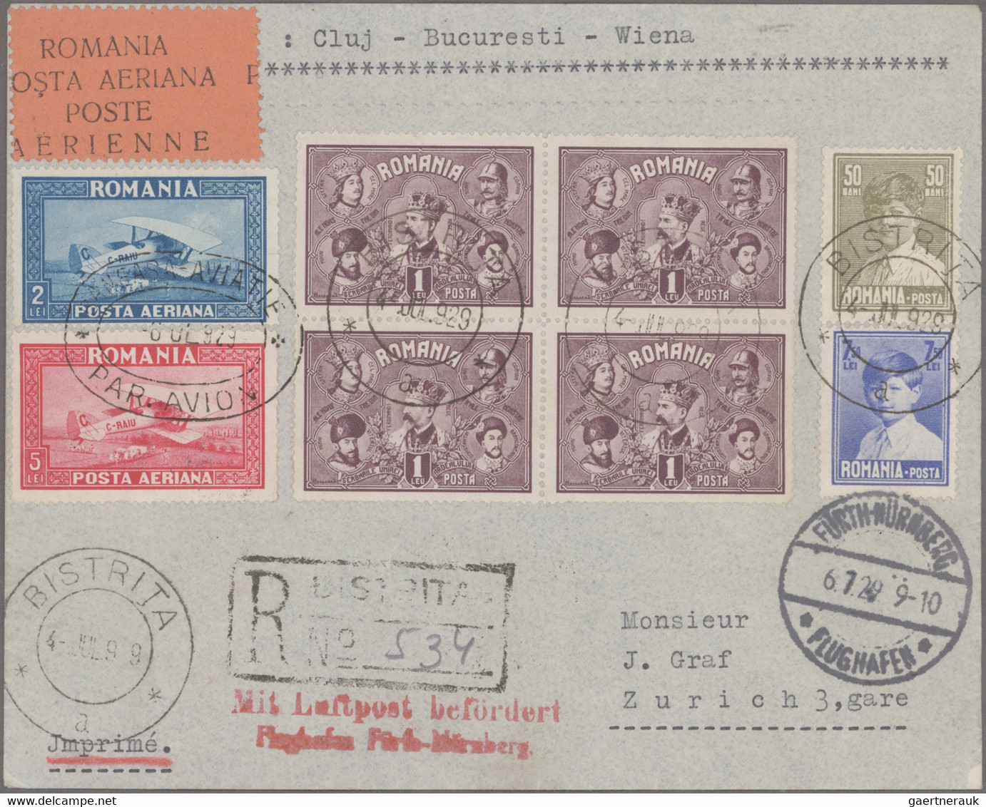 Romania: 1929, Airmail Cluj-Bucuresti-Vienna-Zurich, Lot Of Seven Registered Air - Covers & Documents