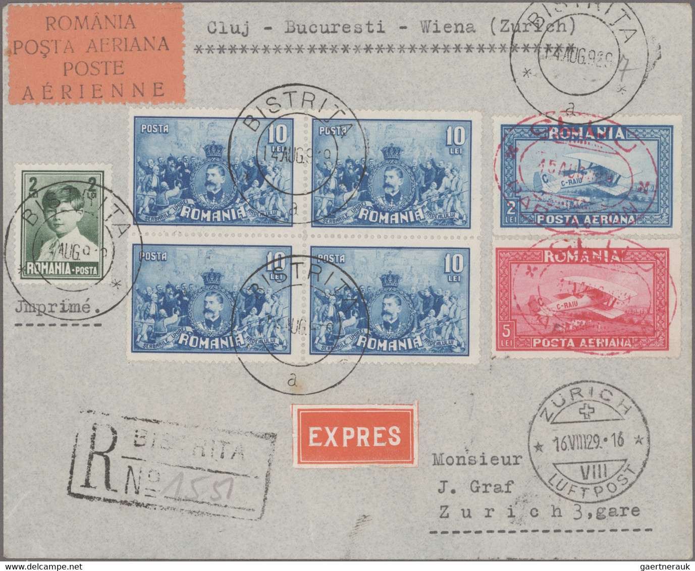 Romania: 1929, Airmail Cluj-Bucuresti-Vienna-Zurich, Lot Of Seven Registered Air - Covers & Documents