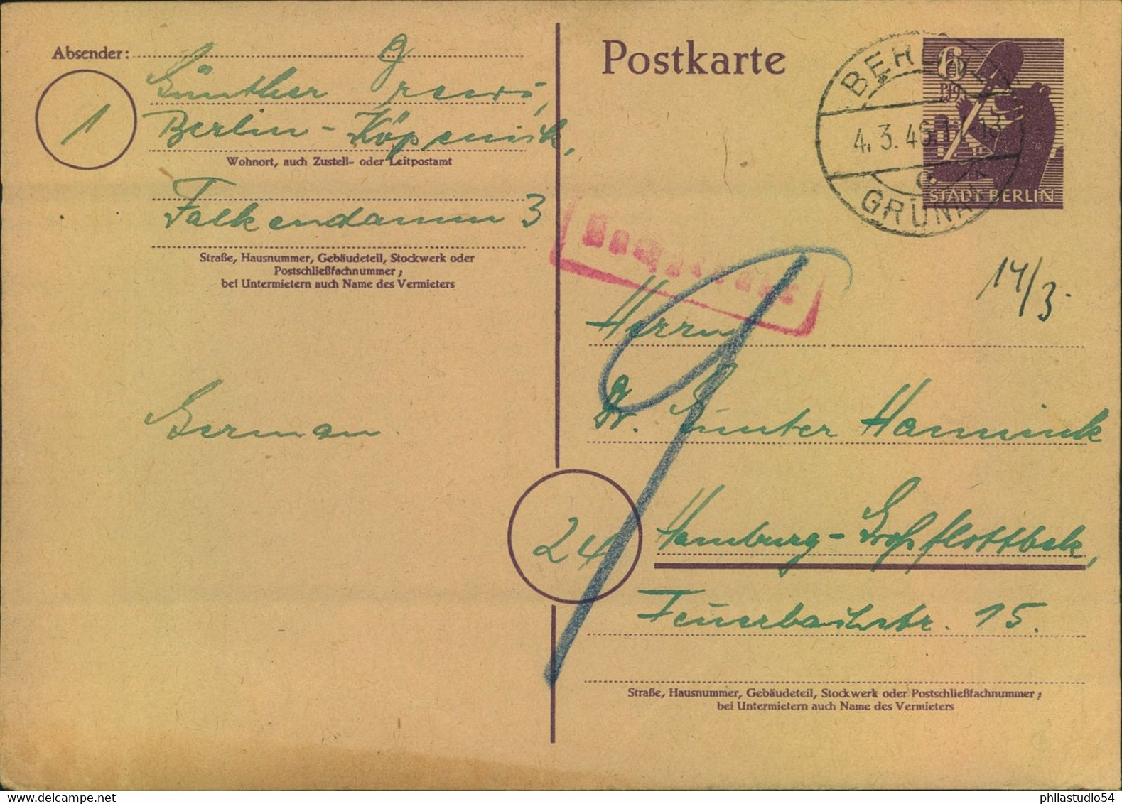 1946, 6 Pf. Bären GSK Ab "BERLIN-GRÜNAU4.3.46" Mit "9" Pf- Nachgebühr Wegen Zwischenzeitlicher Portoerhöhung- - Altri & Non Classificati