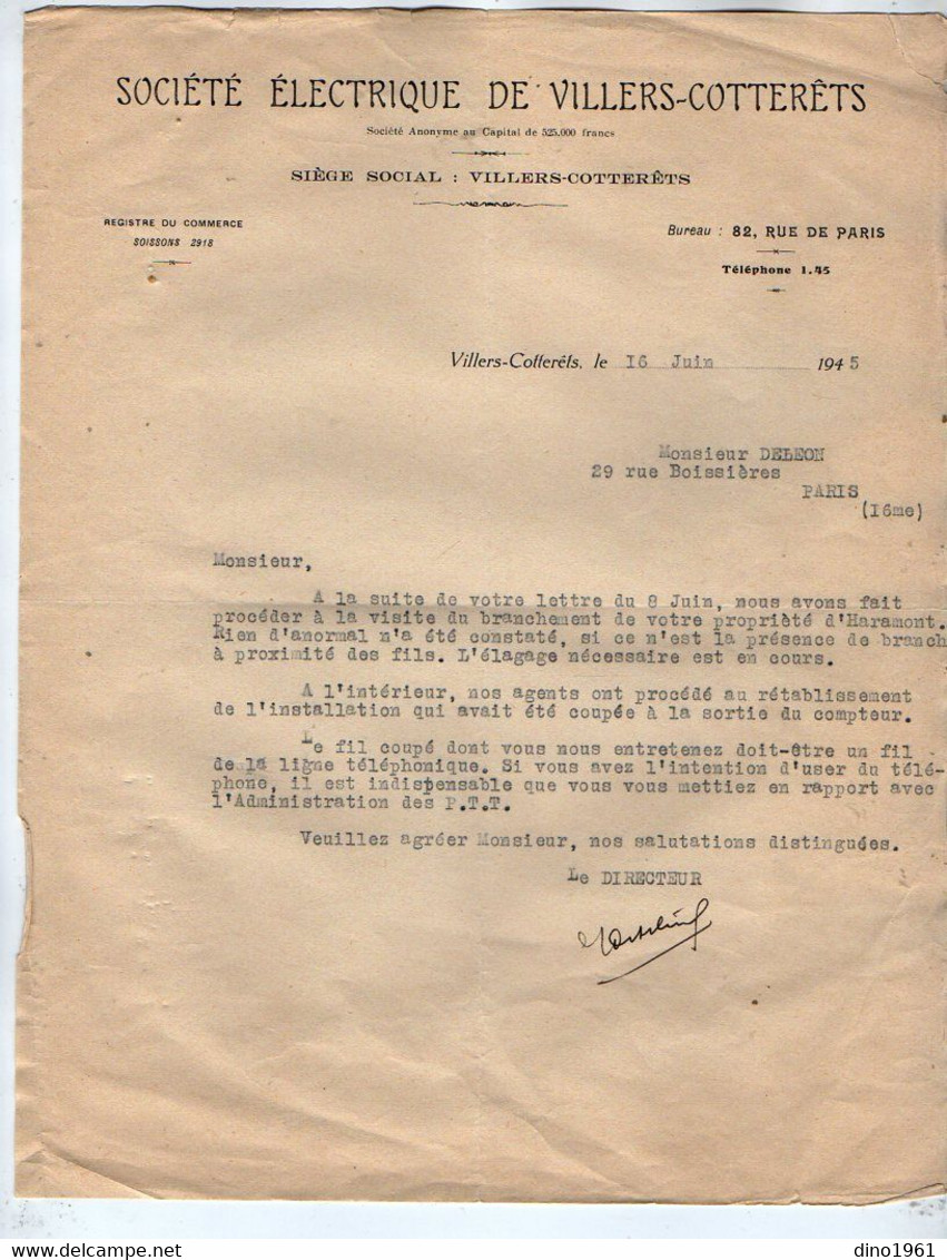 VP19.690 -1944 / 47 - Lot De Documents - Sté Electrique De VILLERS - COTTERETS Pour Mr DELEON à PARIS & HARAMONT - Electricidad & Gas