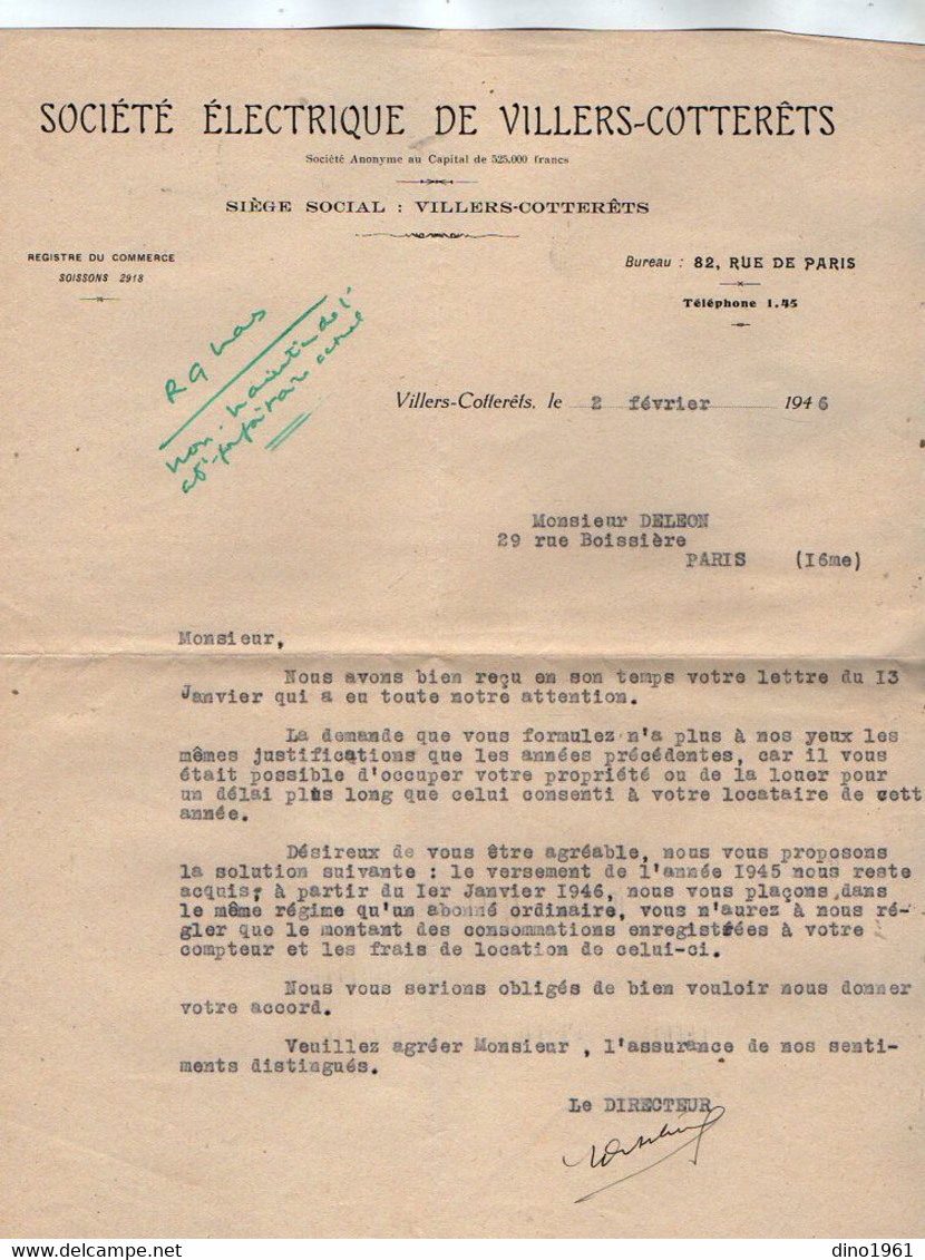 VP19.690 -1944 / 47 - Lot De Documents - Sté Electrique De VILLERS - COTTERETS Pour Mr DELEON à PARIS & HARAMONT - Elektriciteit En Gas