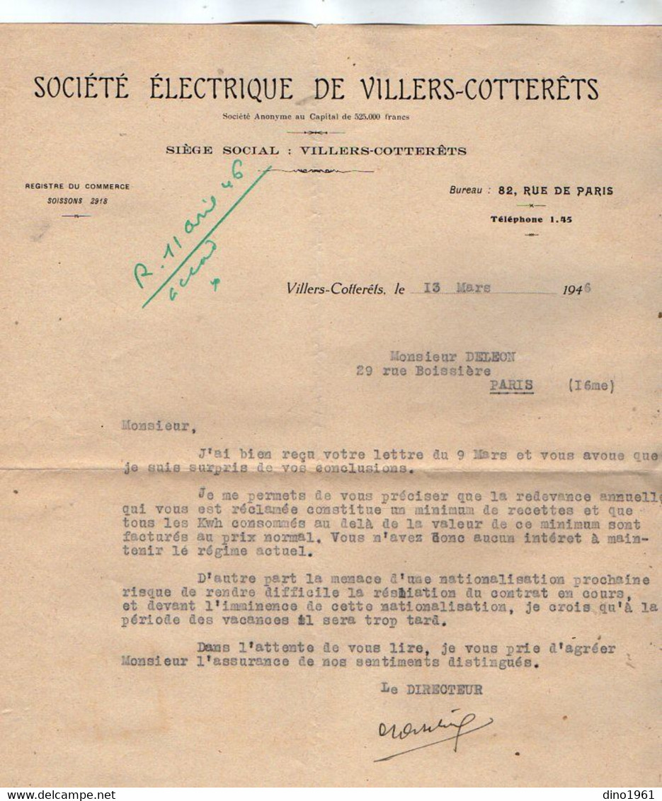 VP19.690 -1944 / 47 - Lot De Documents - Sté Electrique De VILLERS - COTTERETS Pour Mr DELEON à PARIS & HARAMONT - Elektriciteit En Gas