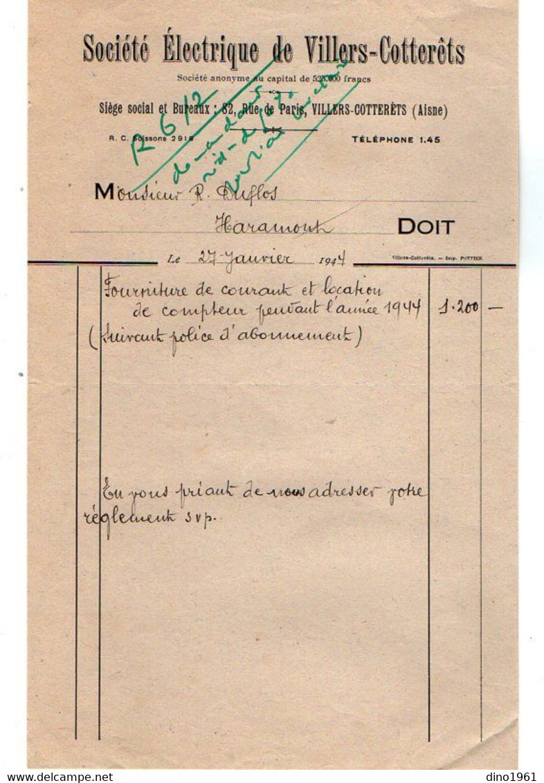 VP19.690 -1944 / 47 - Lot De Documents - Sté Electrique De VILLERS - COTTERETS Pour Mr DELEON à PARIS & HARAMONT - Elektriciteit En Gas