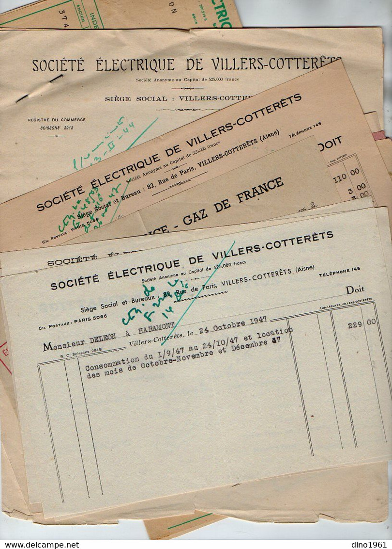 VP19.690 -1944 / 47 - Lot De Documents - Sté Electrique De VILLERS - COTTERETS Pour Mr DELEON à PARIS & HARAMONT - Electricité & Gaz