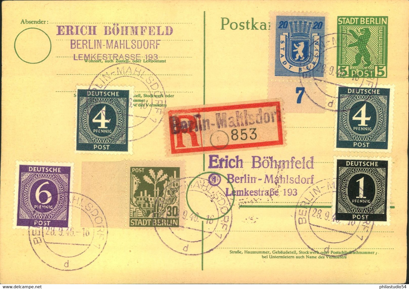 1946, Dekorative Orts-R-Karte "BERLIN - MAHLSDORF 29.9.46" - Autres & Non Classés