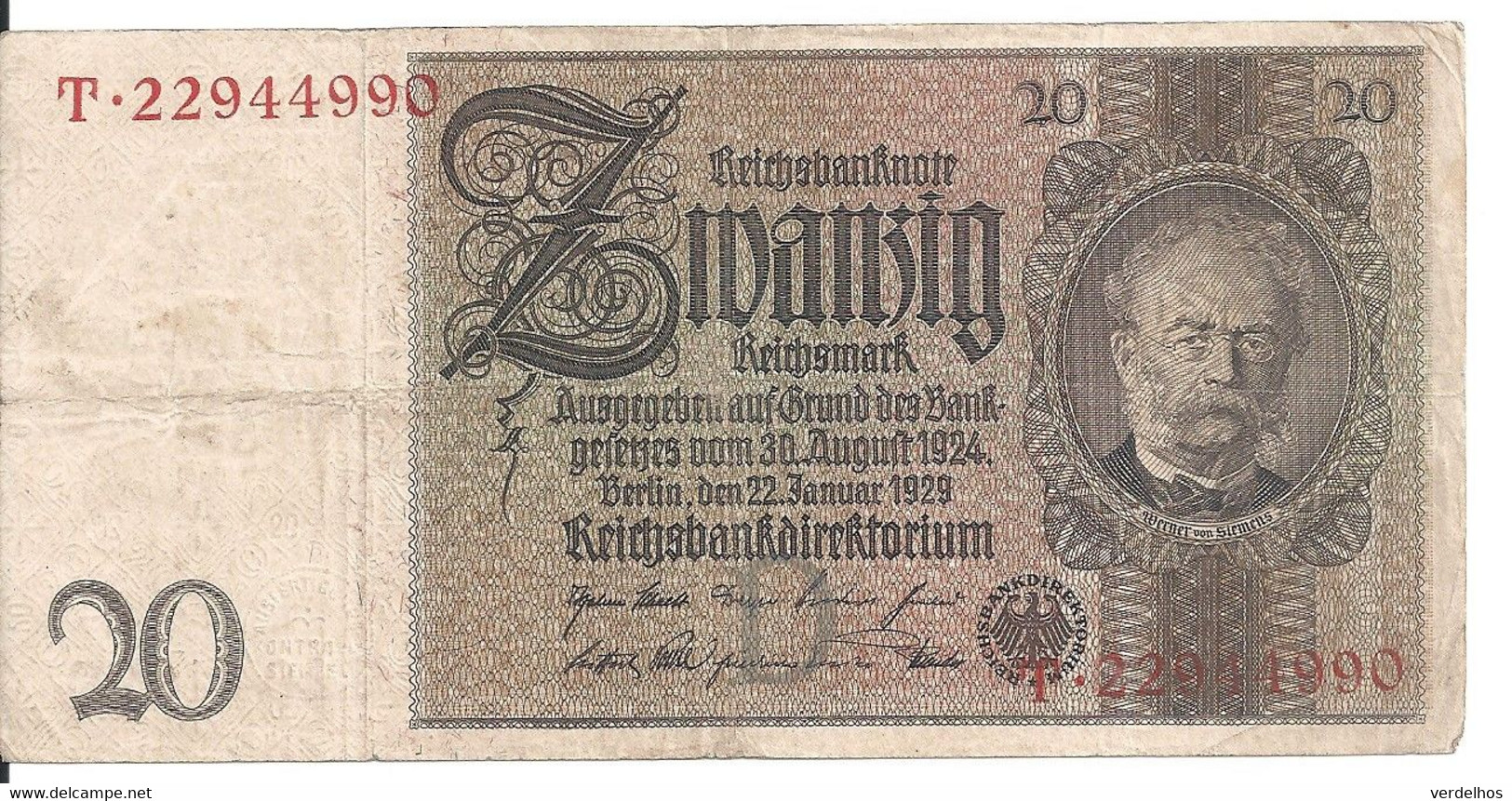 ALLEMAGNE 20 REICHMARK 1929 VF P 181 - 20 Mark