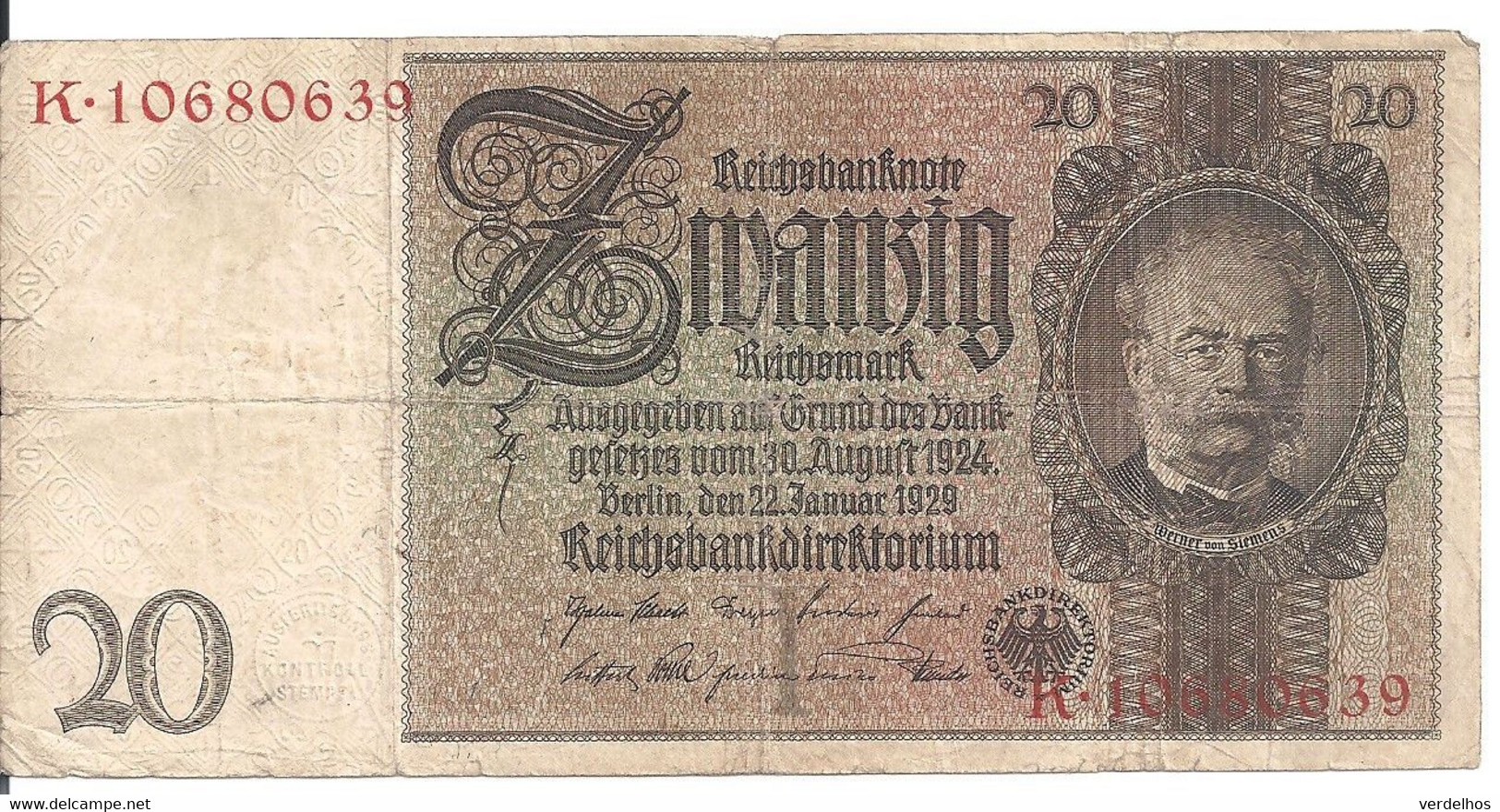 ALLEMAGNE 20 REICHMARK 1929 VF P 181