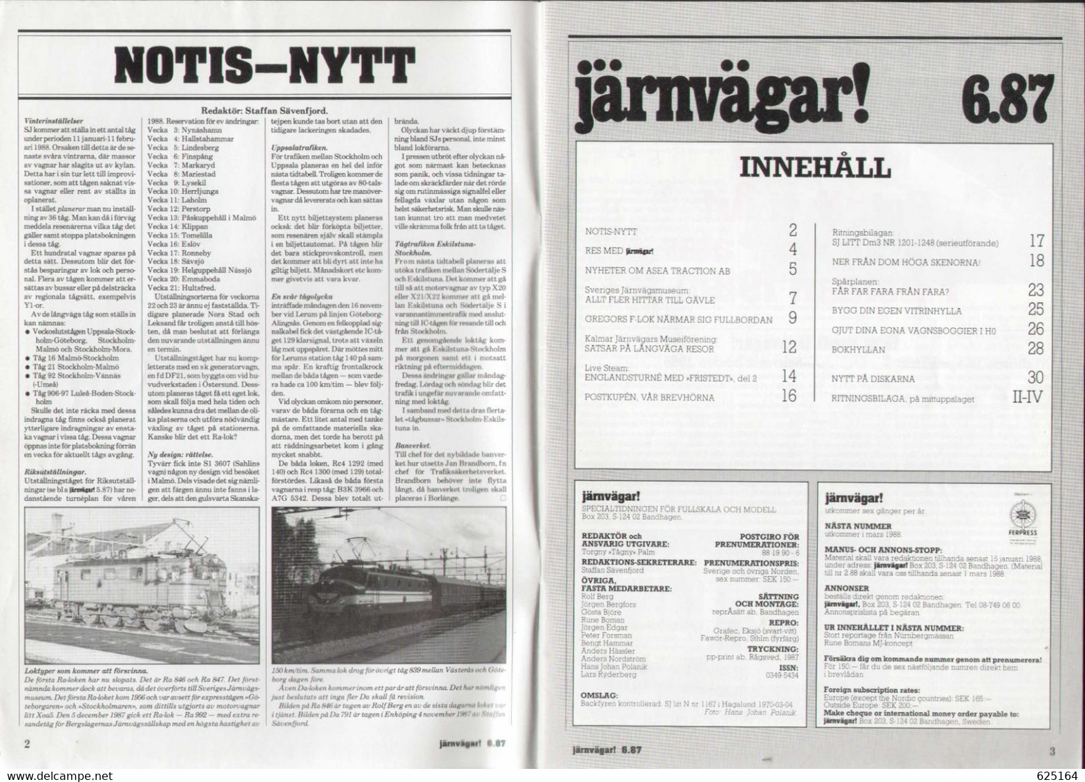 Magazine Järnvägar ! 1987 Dec.87-Jan.88 N. 6/87 Sveriges Järnvägasmuseum - En Suédois - Non Classés