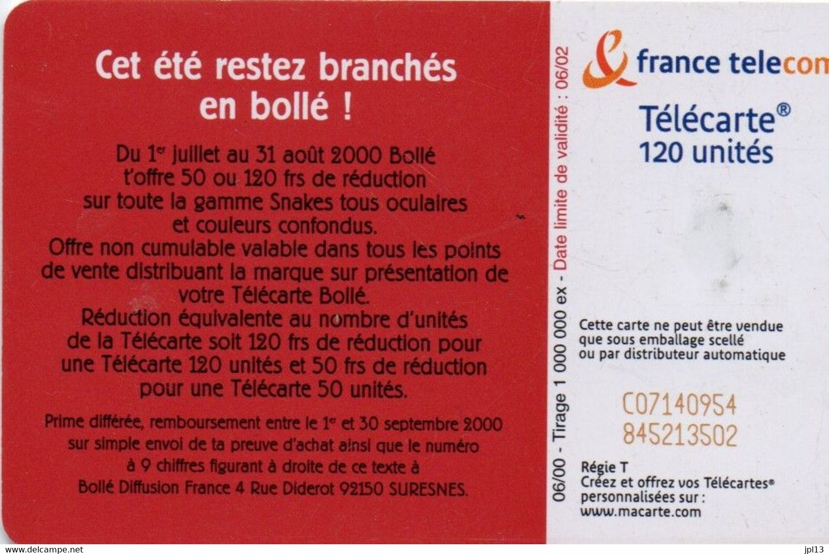 Carte à Puce - France - France Télécom - Bollé Homme, Variété : N° Série L 16mm - 2000