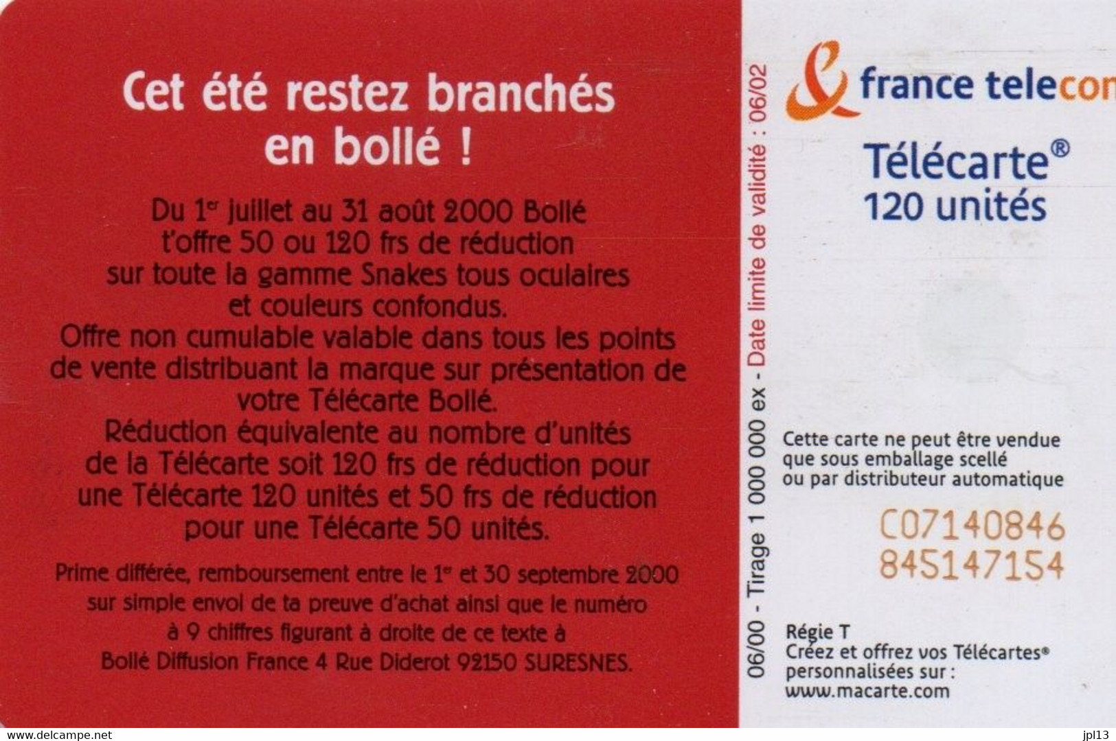 Carte à Puce - France - France Télécom - Bollé Homme, Variété : N° Série L 18mm - 2000