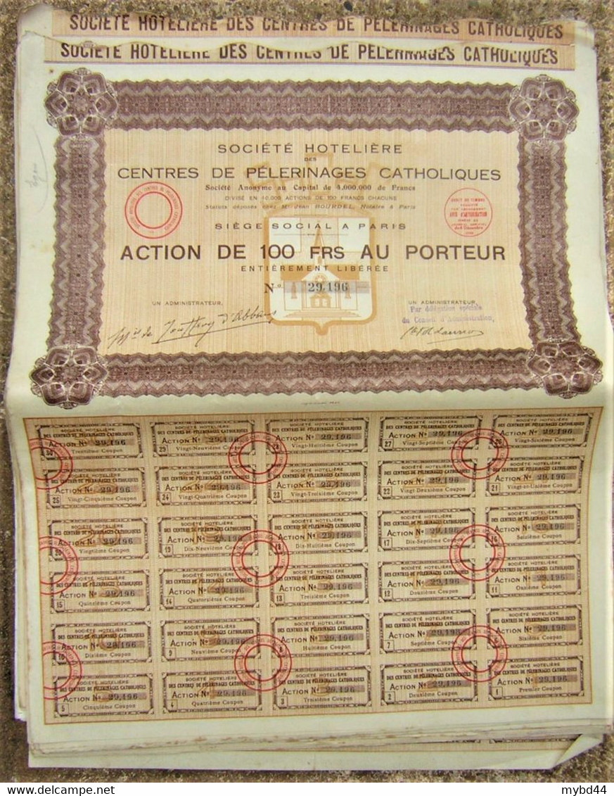 Gros Lot De 15 Vieux Papier Action Rare 100 Cent Franc Société Hotelière Des Centres Pélerinage Catholique 1932 Illustré - Tourisme