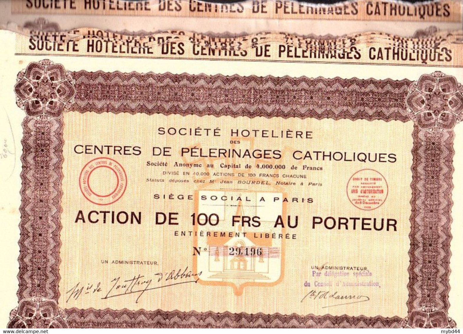 Gros Lot De 15 Vieux Papier Action Rare 100 Cent Franc Société Hotelière Des Centres Pélerinage Catholique 1932 Illustré - Tourismus