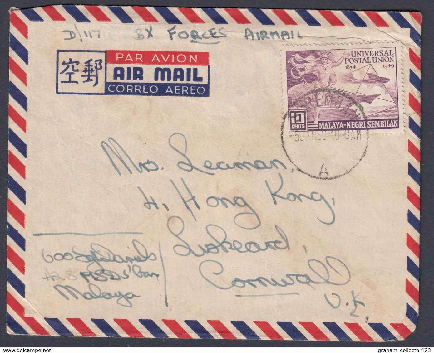 1950 Malaya Malaysia Negri Sembilan Airmail Cover Forces Airmail UPU Stamp Fair Condition At Best Toning Creasing Etc - Negri Sembilan