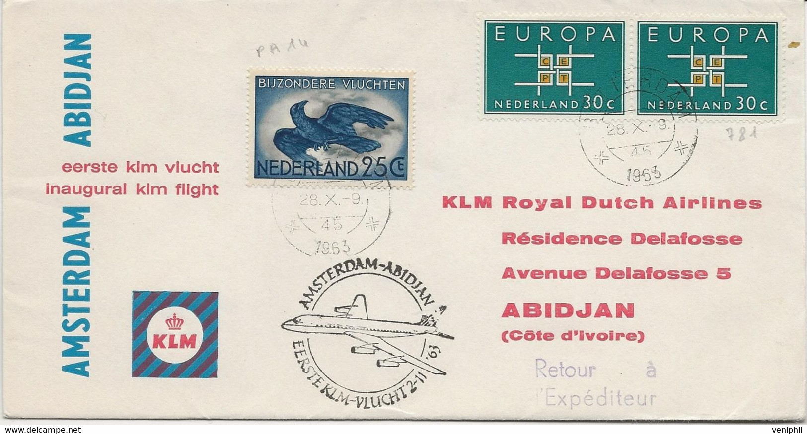 PAYS - BAS - LETTRE PREMIER VOL KLM - AMSTERDAM - ABIDJAN - 2-11-63 AFFRANCHIE N° 781 X2 +PA N° 14 - Luftpost