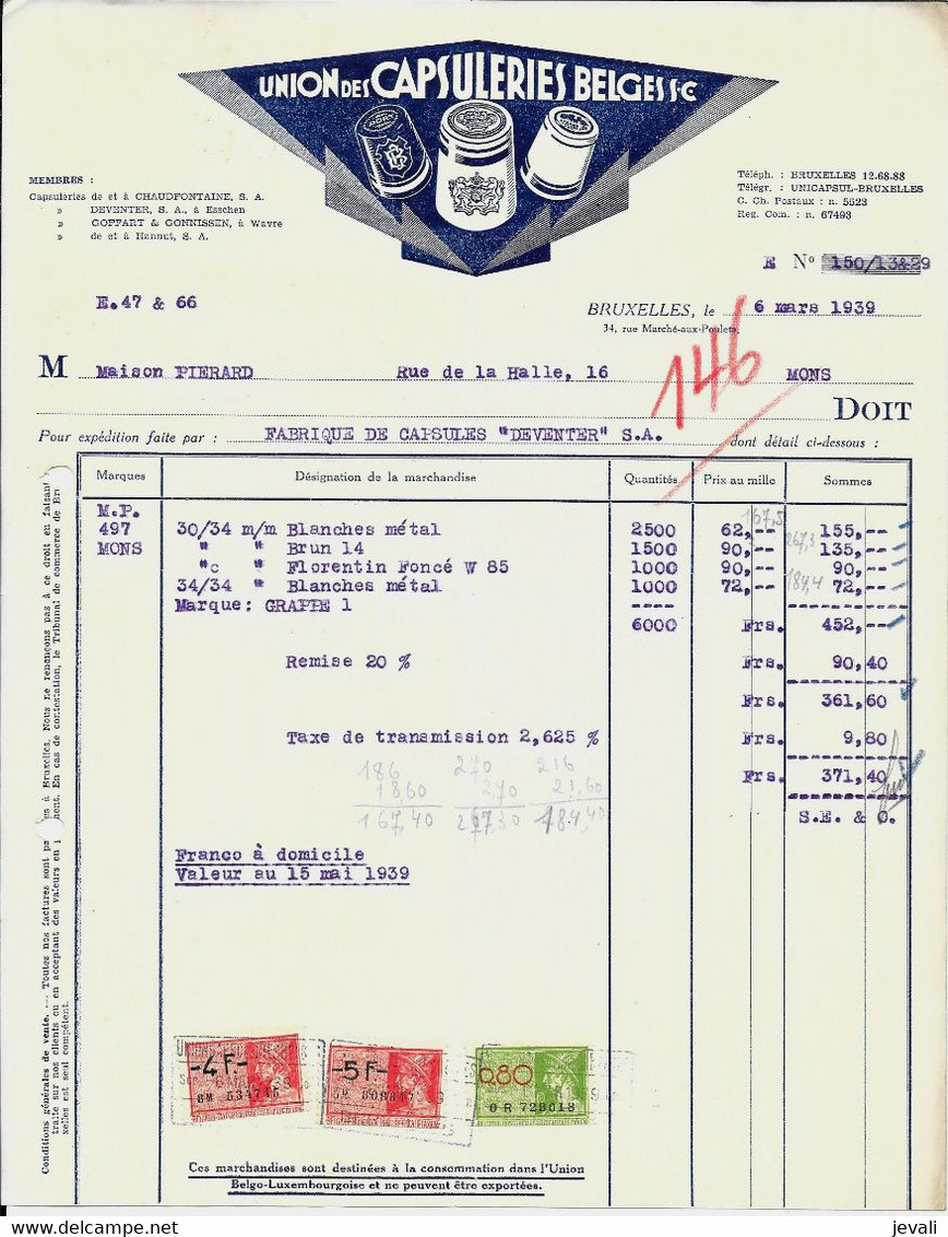 BRUXELLES  -  Union Des Capsuleries Belges S.C.-  1939 - Alimentaire