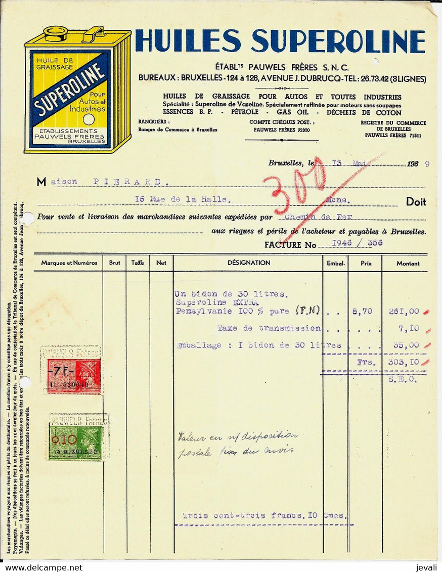 BRUXELLES  - Ets Pauwels Frères  ( Huiles Superoline ) .-  1939 - Sonstige & Ohne Zuordnung