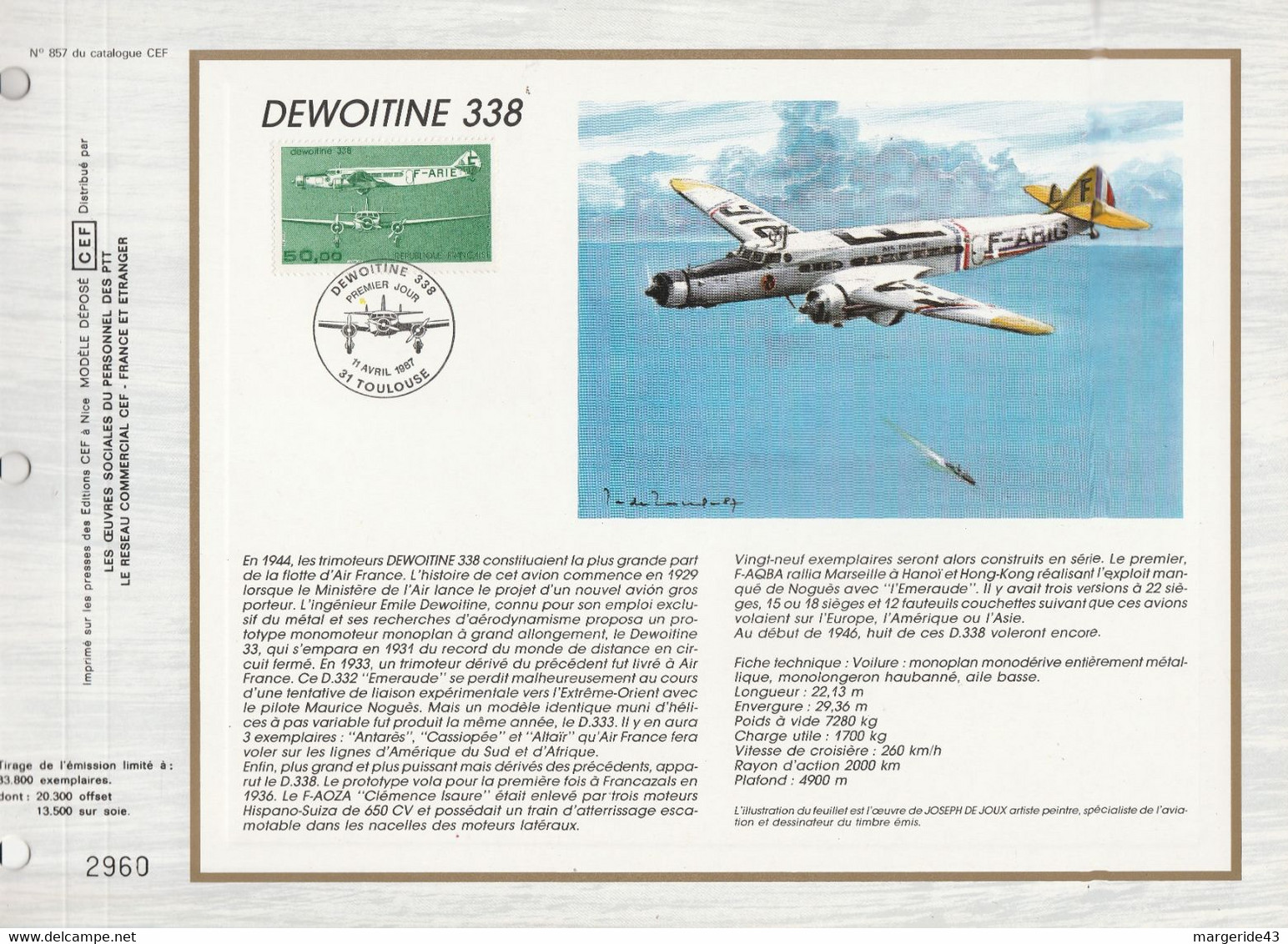 DOCUMENT FDC 1987 AVIATION DEWOITINE 338 - Luxury Proofs