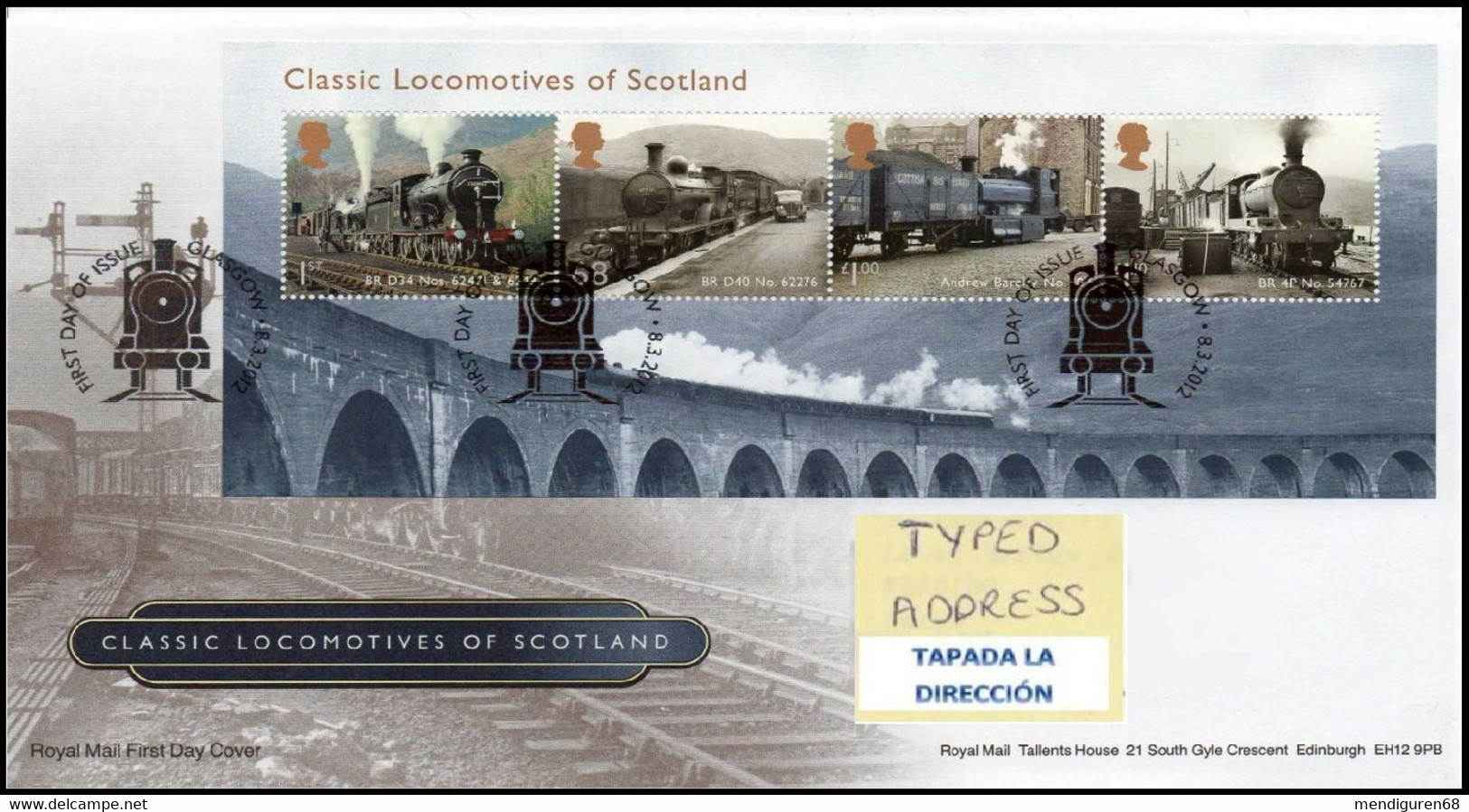 GROSSBRITANNIEN GRANDE BRETAGNE GB 2012 M/S TRAINS OF SCOTLAND FDC SG MS3283 SC SH3007 MI B74-3221-4 YT F3758 SC SH3007 - 2011-2020 Em. Décimales