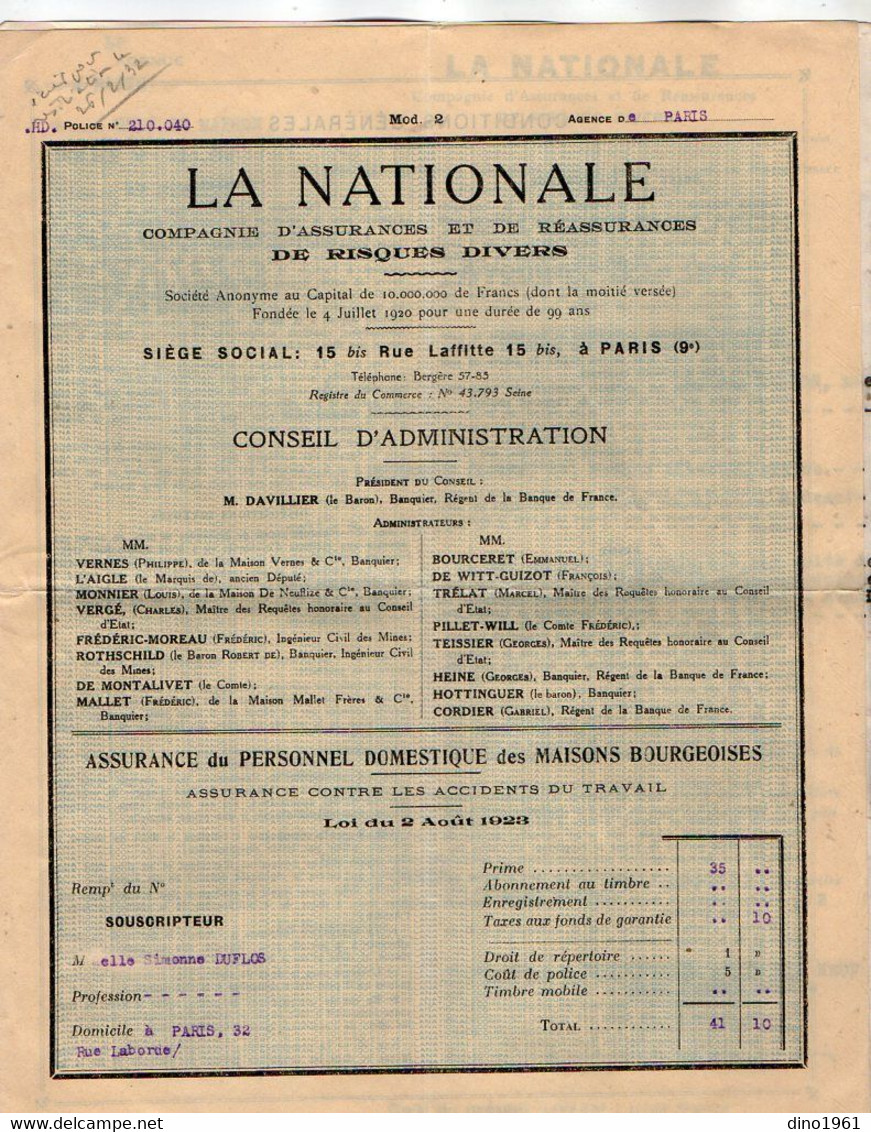 VP19.691 - PARIS 1932 - Cie D'Assurances ¨ LA NATIONALE ¨ Assurance Du Personnel & Maisons - Melle Simonne DUFLOS - Banco & Caja De Ahorros