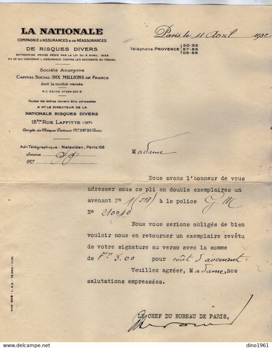 VP19.691 - PARIS 1932 - Cie D'Assurances ¨ LA NATIONALE ¨ Assurance Du Personnel & Maisons - Melle Simonne DUFLOS - Banco & Caja De Ahorros