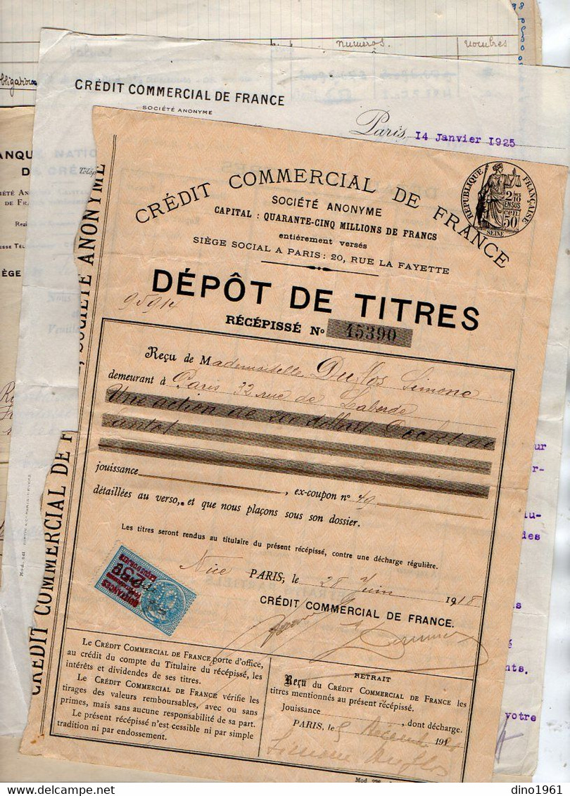 VP19.692 - PARIS 1918 /26 - Documents Du Crédit Commercial De France & Banque Nationale De Crédit - Melle Simonne DUFLOS - Bank En Verzekering