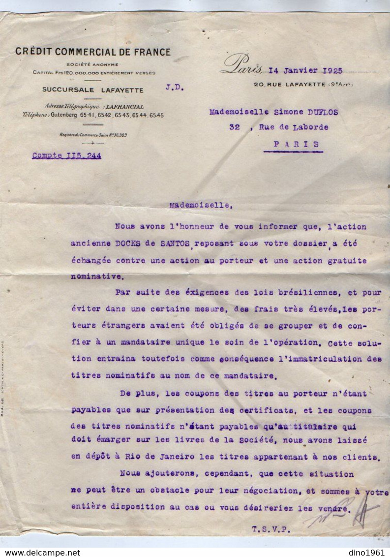 VP19.692 - PARIS 1918 /26 - Documents Du Crédit Commercial De France & Banque Nationale De Crédit - Melle Simonne DUFLOS - Bank En Verzekering