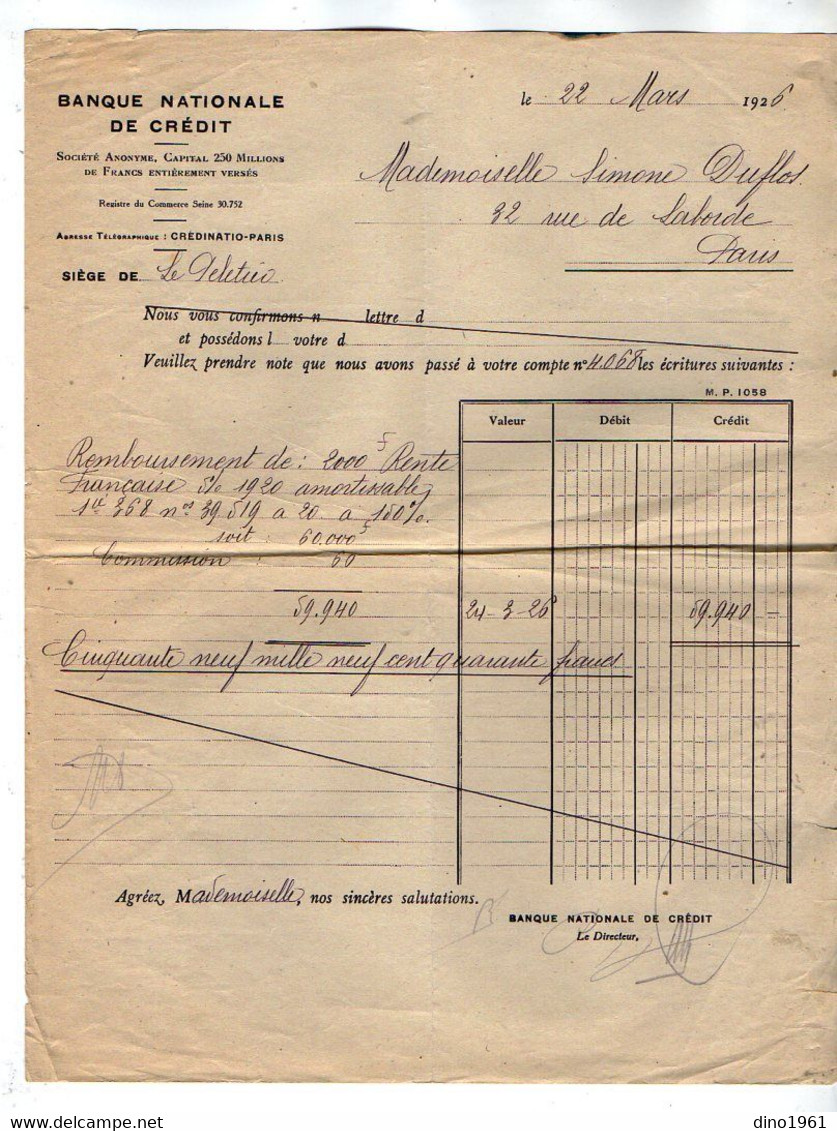 VP19.692 - PARIS 1918 /26 - Documents Du Crédit Commercial De France & Banque Nationale De Crédit - Melle Simonne DUFLOS - Bank En Verzekering