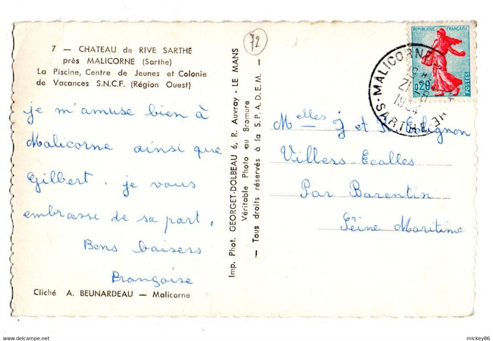 MALICORNE--1964--Chateau De Rive Sarthe-La Piscine  ...timbre...cachet Malicorne-72.....................à  Saisir - Malicorne Sur Sarthe