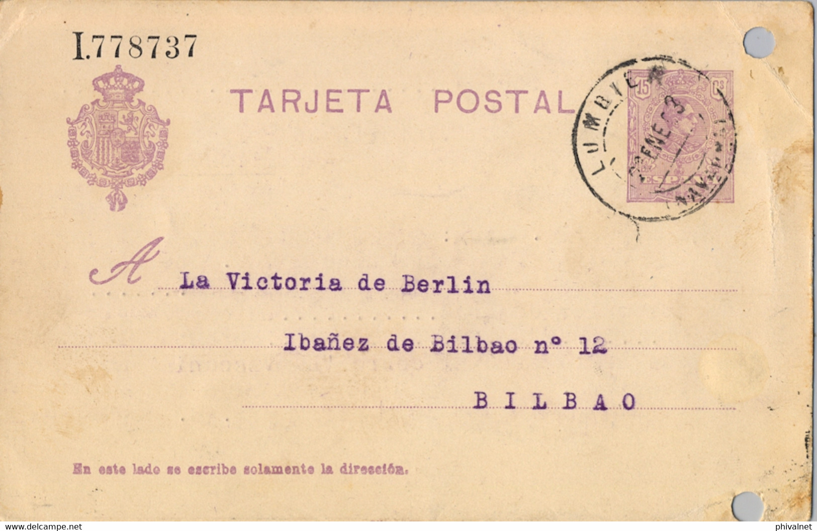 1923 NAVARRA  ,  E.P. 50 CIRCULADO ENTRE LUMBIER Y BILBAO - 1850-1931