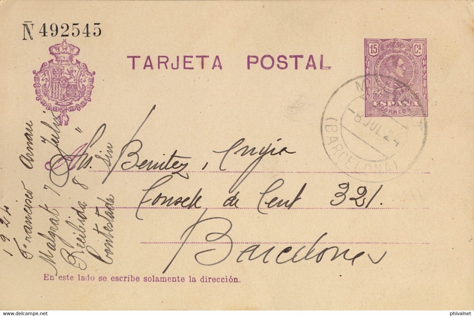 1924 BARCELONA  ,  E.P. 50 CIRCULADO ENTRE MALGRAT Y BARCELONA - 1850-1931