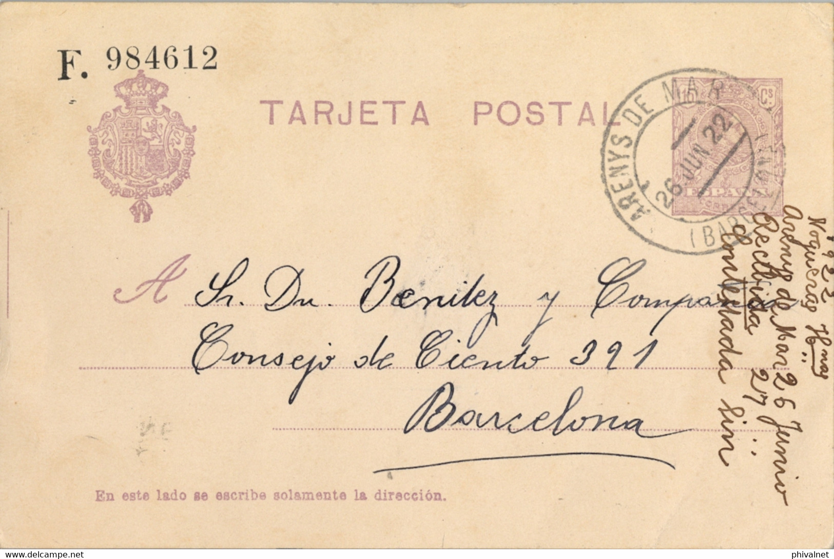1922 BARCELONA  ,  E.P. 50 CIRCULADO ENTRE ARENYS DE MAR Y BARCELONA - 1850-1931