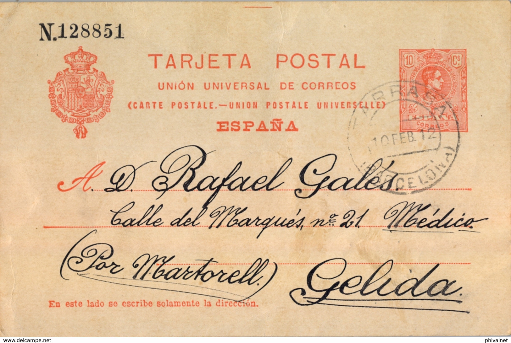 1912 BARCELONA  ,  E.P. 53 CIRCULADO ENTRE TARRASA Y GELIDA POR MARTORELL - 1850-1931