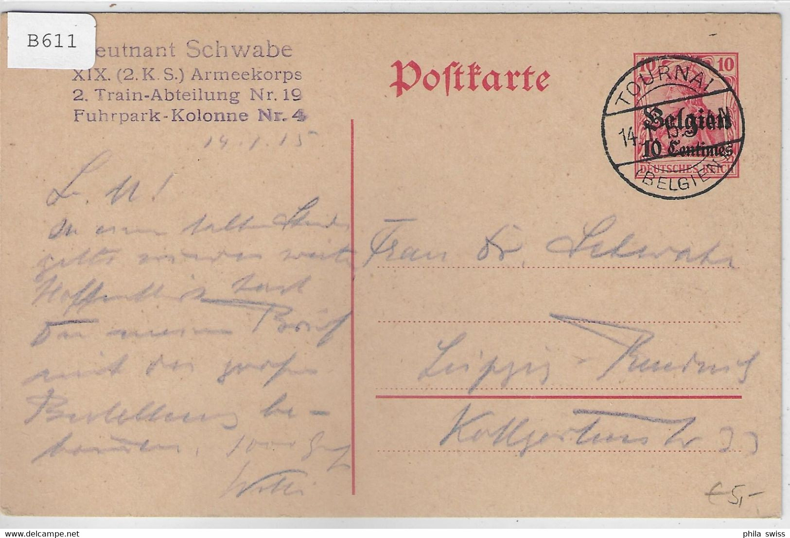 Postkarte Belgien 10 Centimes - Tourai 14.1.15 To Leipzig - German Occupation