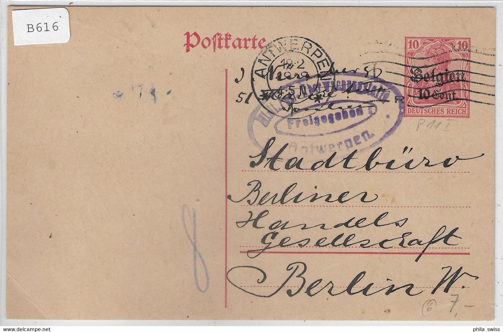 1918 Postkarte Belgien 10 Centimes - Antwerpen 19.2.18 - Deutsche Besatzung