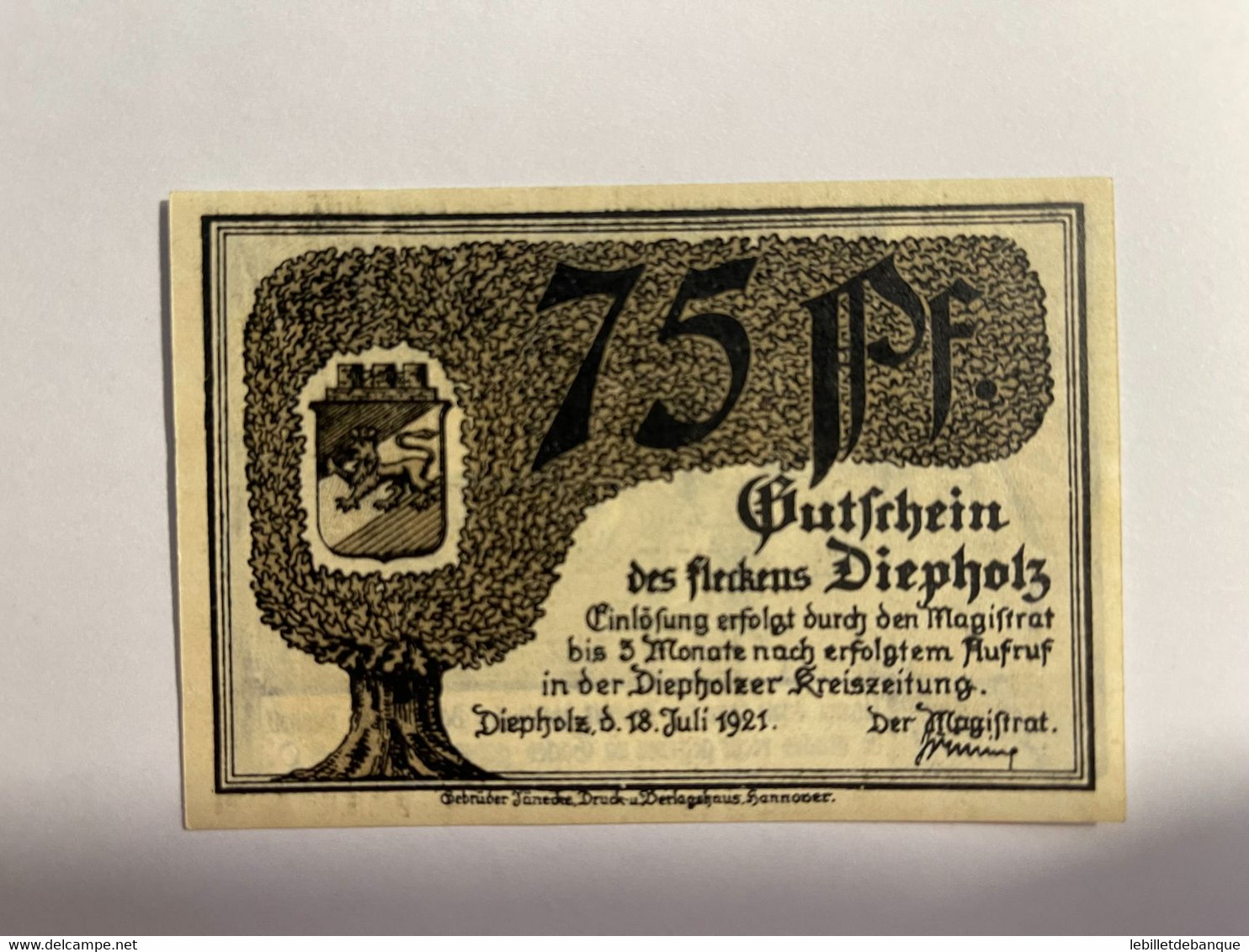 Allemagne Notgeld Diepholz 75 Pfennig - Sammlungen