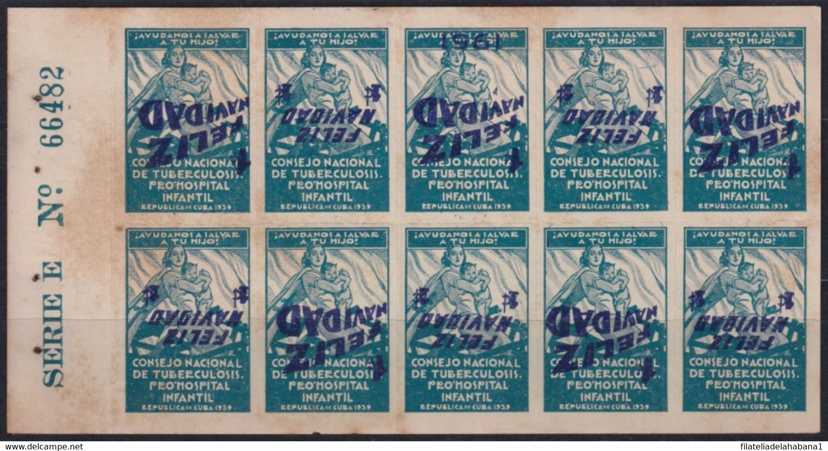 VI-536 CUBA CINDERELLA MEDICINE 1951 1c CONSEJO DE TUBERCULOSIS SHEET ERROR INVERTED SURCHARGE. - Franking Labels