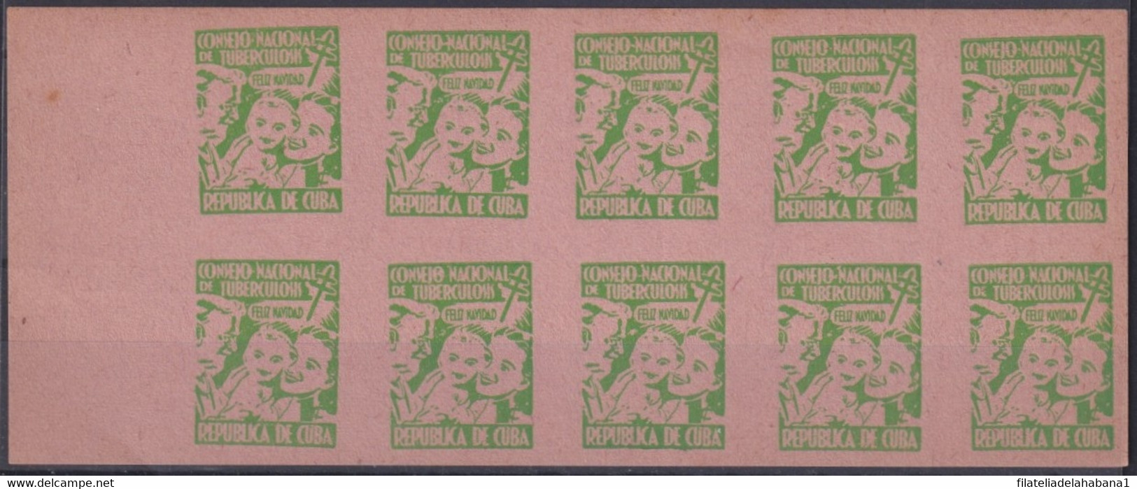 VI-533 CUBA CINDERELLA MEDICINE 1954 1c GREEN PINK PAPER TUBERCULOSIS IMPERFORATED SHEET. - Franking Labels