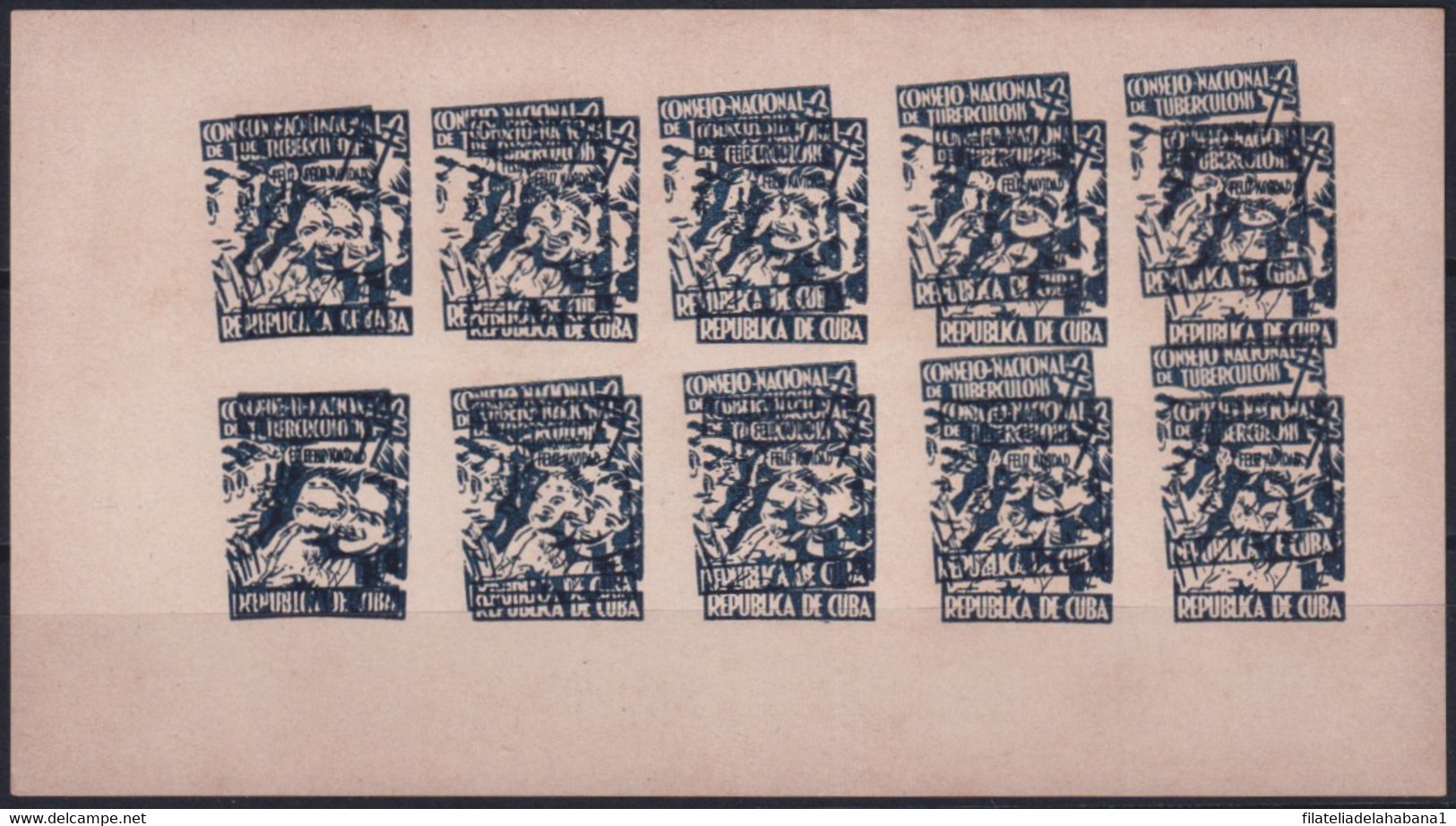 VI-530 CUBA CINDERELLA MEDICINE 1954 1c BLACK DOUBLE ENGRAVING ERROR WHITE PAPER TUBERCULOSIS IMPERFORATED SHEET. - Frankeervignetten (Frama)