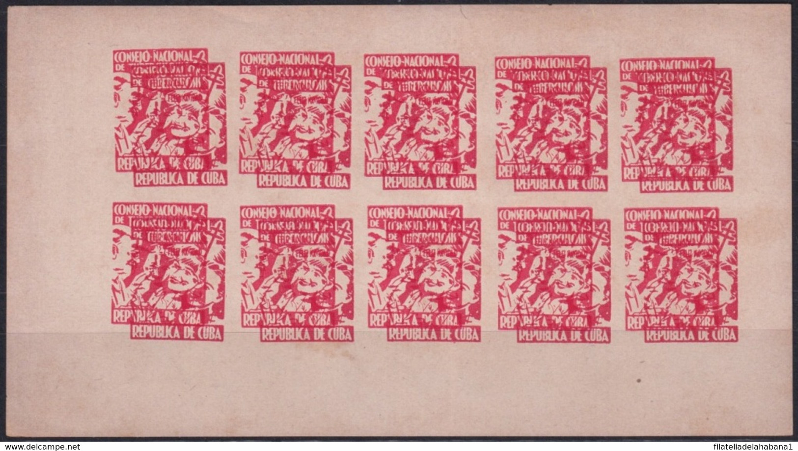 VI-528 CUBA CINDERELLA MEDICINE 1954 1c RED DOUBLE ENGRAVING ERROR WHITE PAPER TUBERCULOSIS IMPERFORATED SHEET. - Franking Labels