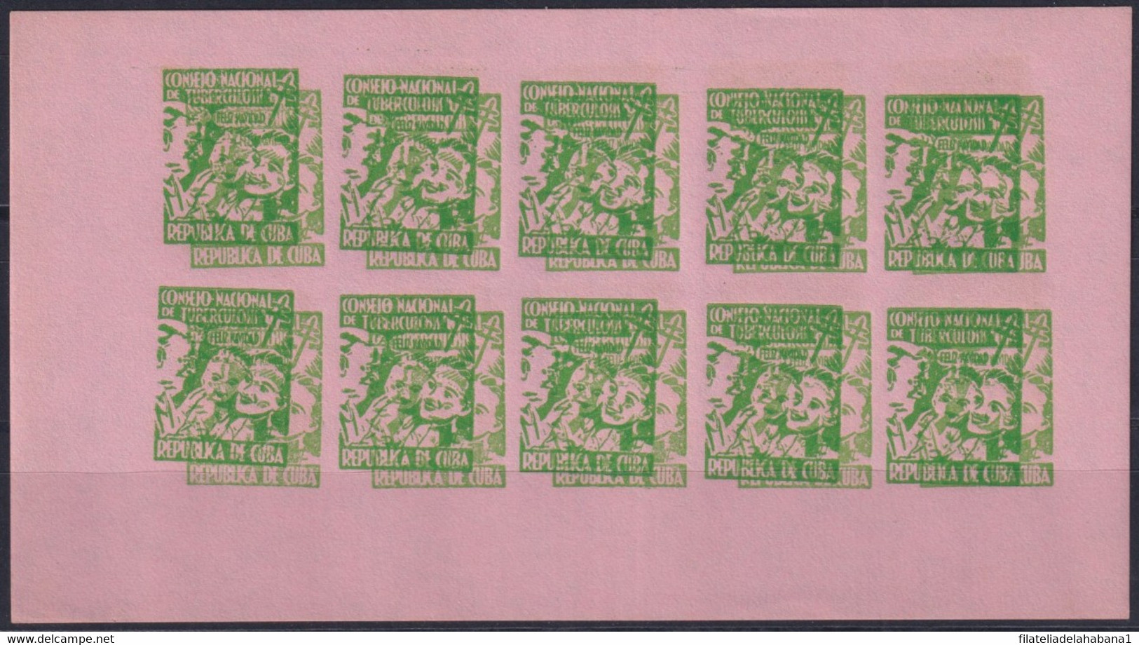 VI-527 CUBA CINDERELLA MEDICINE 1954 1c GREEN DOUBLE ENGRAVING ERROR PINK PAPER TUBERCULOSIS IMPERFORATED SHEET. - Automatenmarken (Frama)