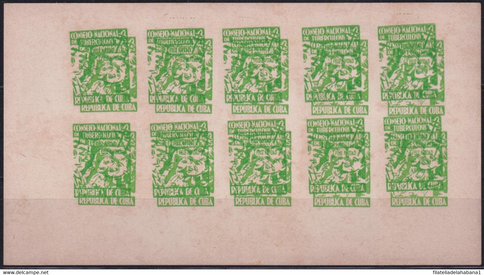 VI-526 CUBA CINDERELLA MEDICINE 1954 1c GREEN DOUBLE ENGRAVING ERROR WHITE PAPER TUBERCULOSIS IMPERFORATED SHEET. - Viñetas De Franqueo (Frama)