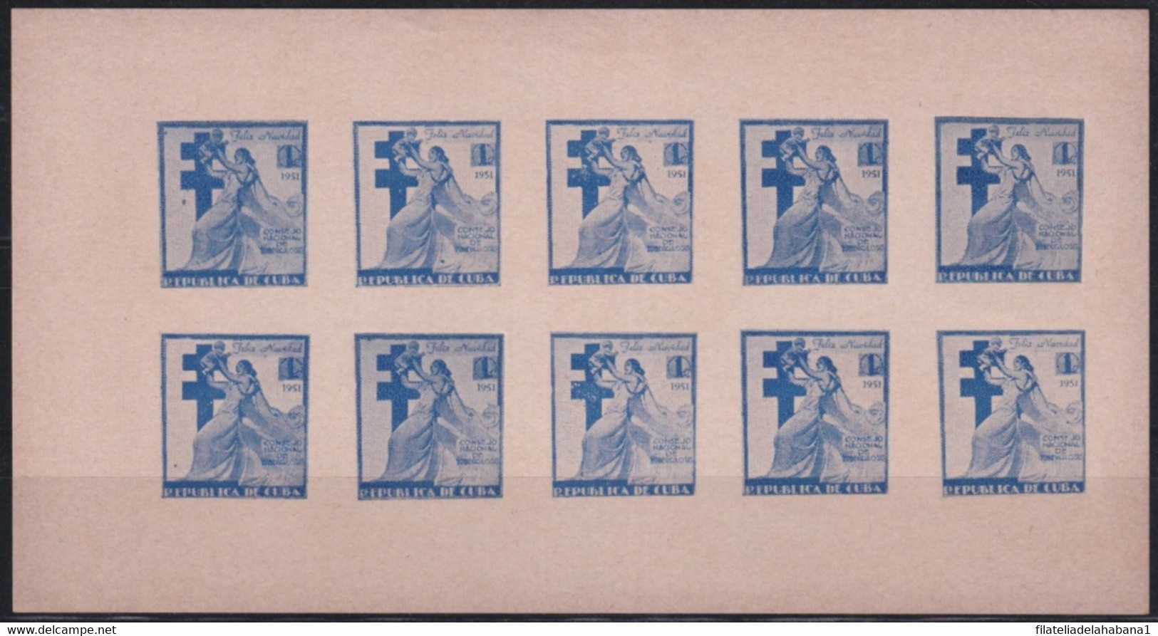 VI-525 CUBA REPUBLICA CINDERELLA MEDICINE 1951 1c BLUE TUBERCULOSIS IMPERFORATED SHEET. - Frankeervignetten (Frama)