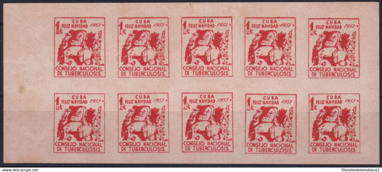 VI-523 CUBA REPUBLICA CINDERELLA MEDICINE 1952 1c RED TUBERCULOSIS IMPERFORATED SHEET. - Franking Labels