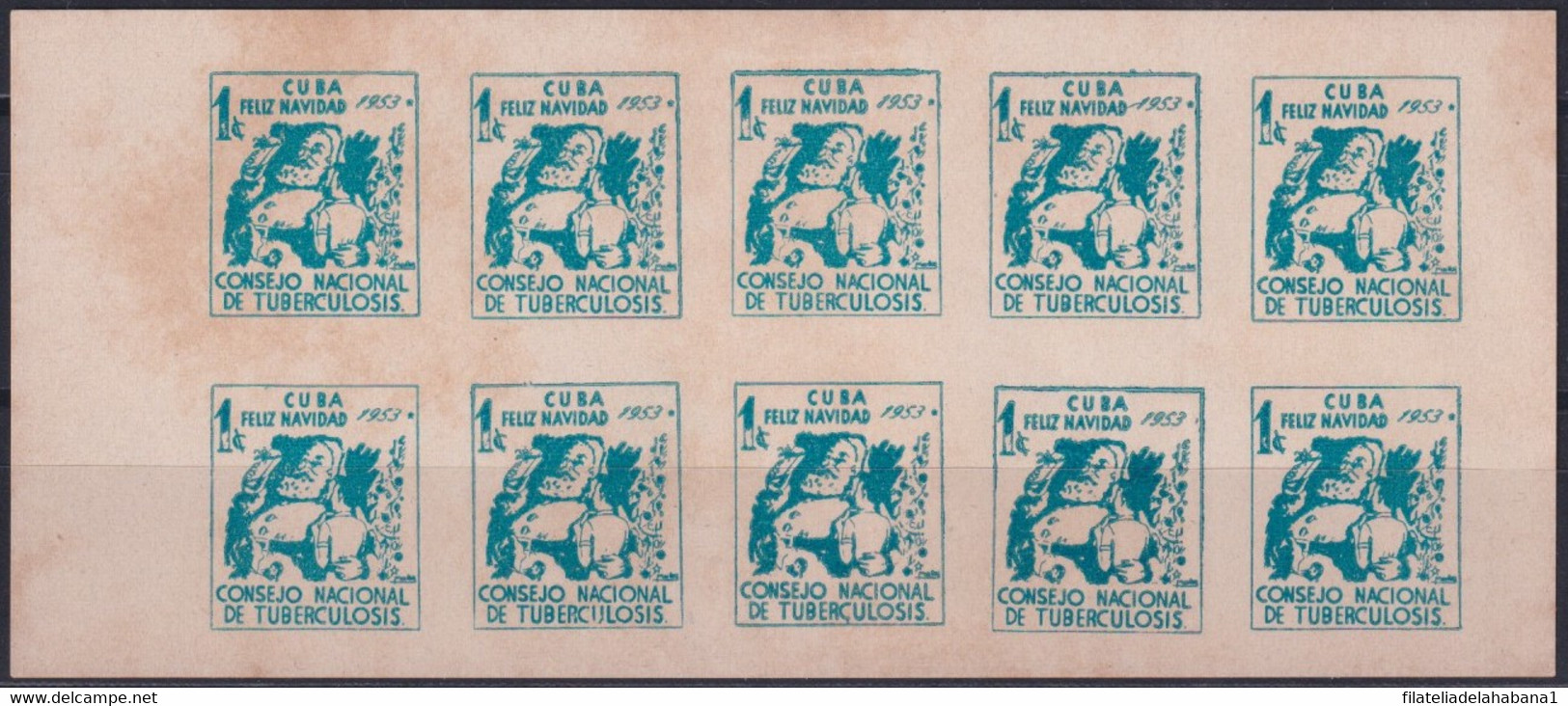 VI-522 CUBA REPUBLICA CINDERELLA MEDICINE 1952 1c BLUE TUBERCULOSIS IMPERFORATED SHEET. - Frankeervignetten (Frama)