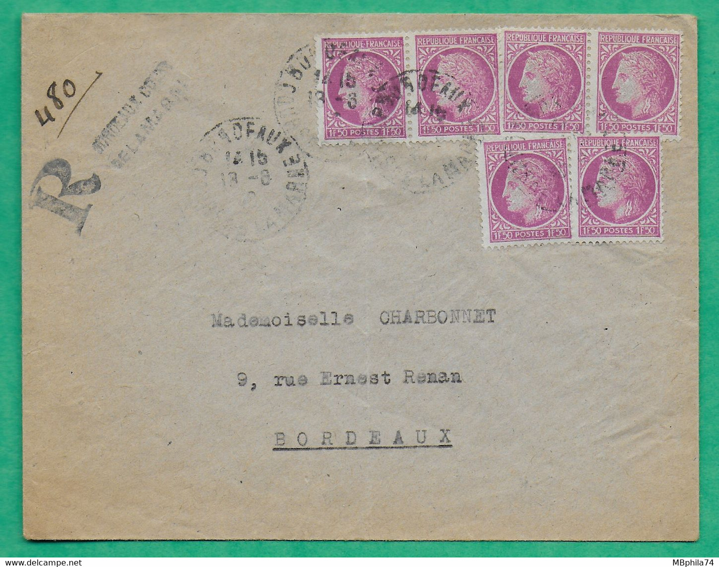 N°679 X6 BEL AFFRANCHISSEMENT CERES MAZELIN 1F50 RECOMMANDE BORDEAUX GIRONDE POUR BORDEAUX 1946 LETTRE COVER FRANCE - 1945-47 Ceres Of Mazelin