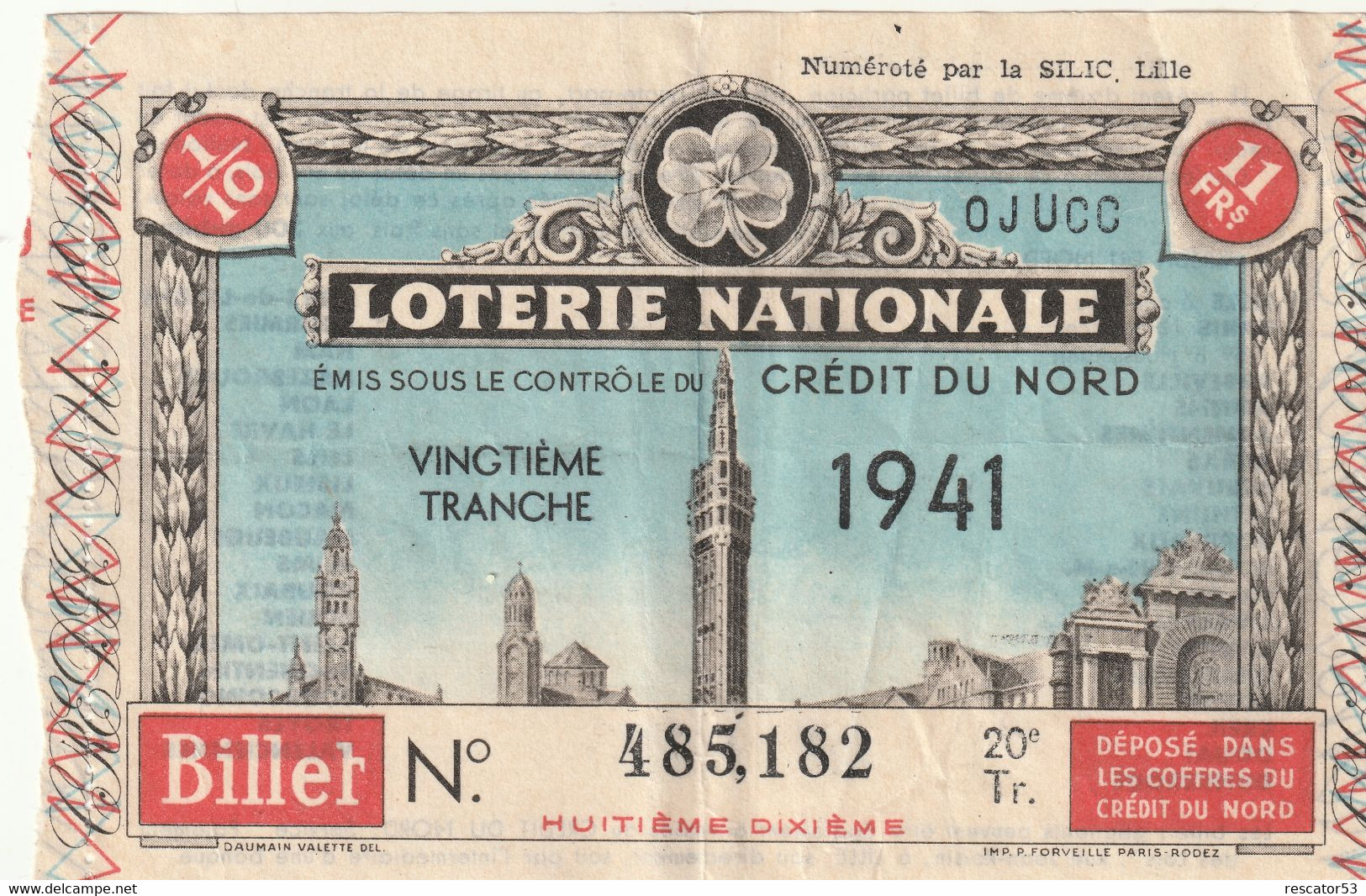 Billet De Loterie Nationale 1941 Crédit Du Nord - Billetes De Lotería